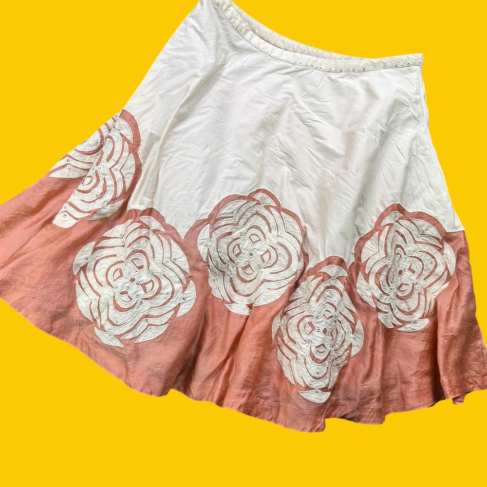 Anthropologie Odille Rose Applique Skirt Womens 12 Cream Pink Cotton Silk Blend